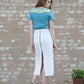 Sky Blue Linen Blouse & White Skirt Set - Machine Embroidered