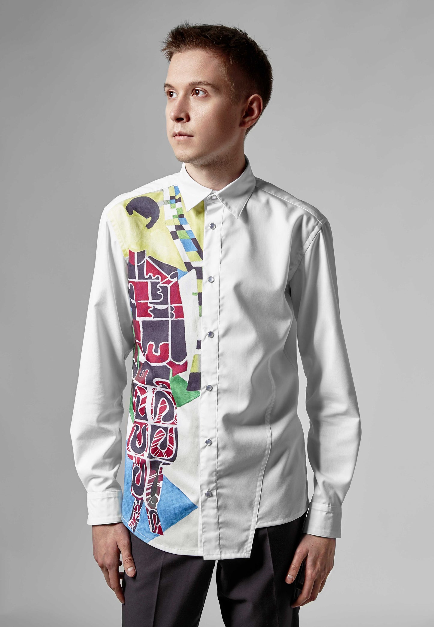 White Asymmetrical Cotton Shirt - Anastasis Soldat Print