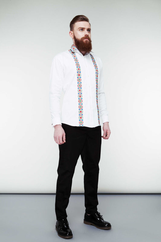 White Cotton Shirt - History Lines Embroidery