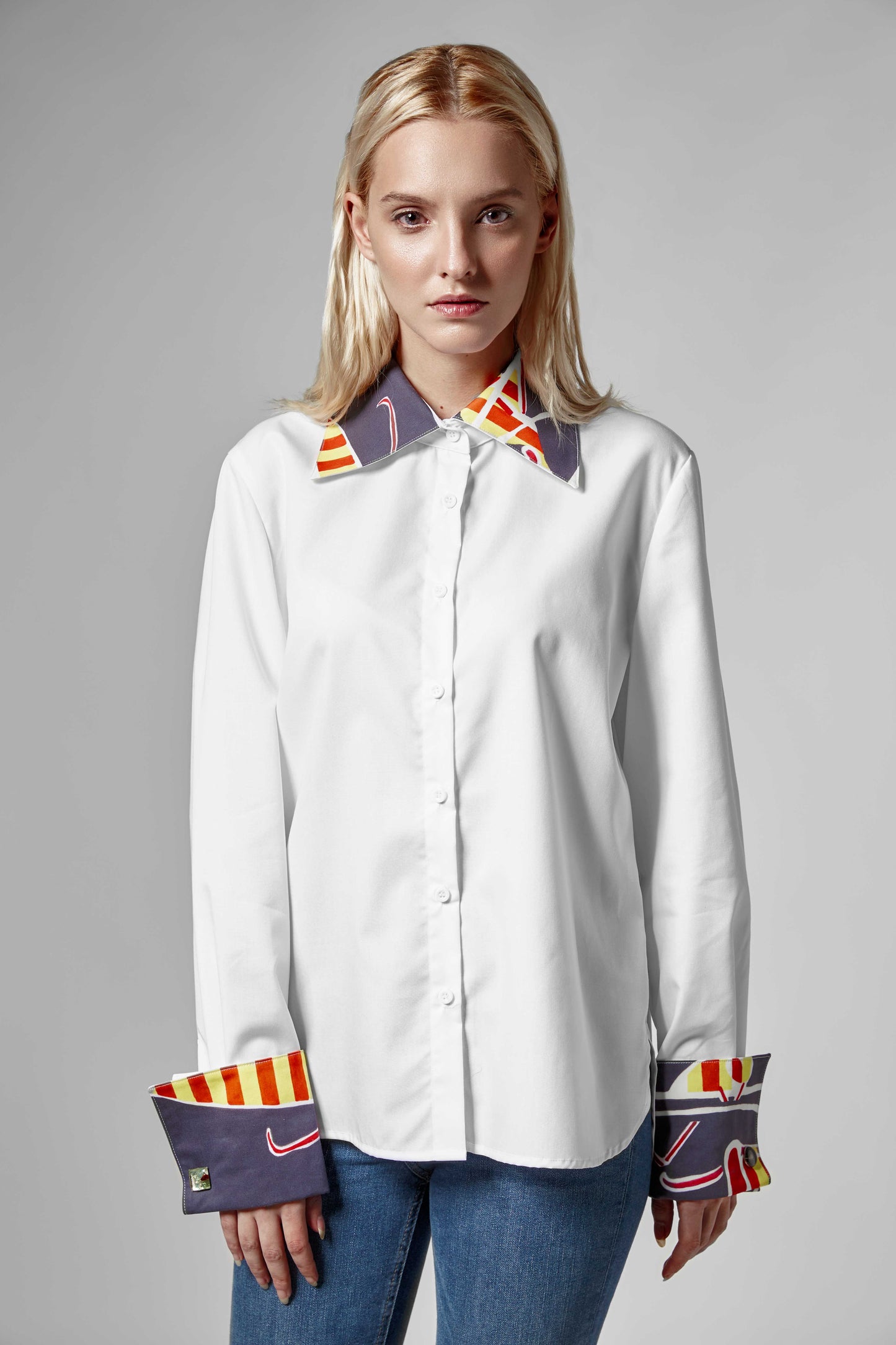 Women's White Shirt - Statement Collar & Cuffs with Art Print