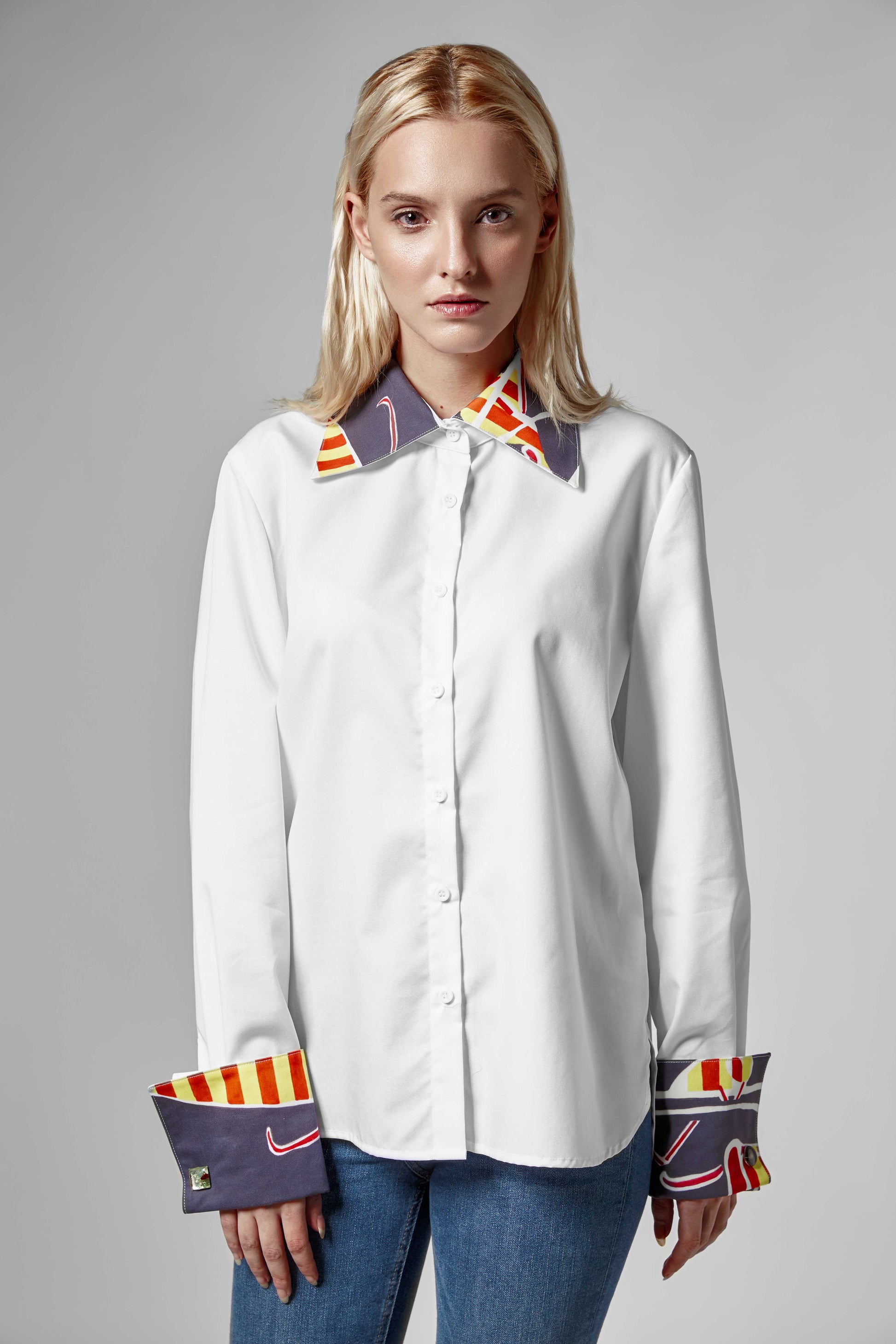 Women's White Shirt - Statement Collar & Cuffs with Art Print
