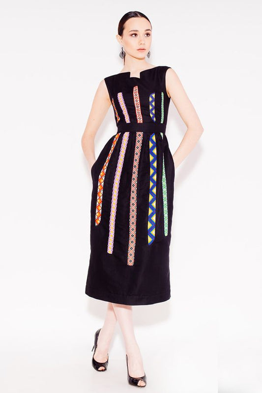 Black Cotton Silk Dress - Handmade with Line Embroidery