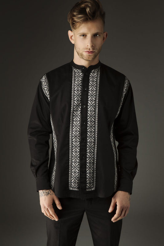 Black Embroidered Cotton Silk Shirt - Lines of Strong Design
